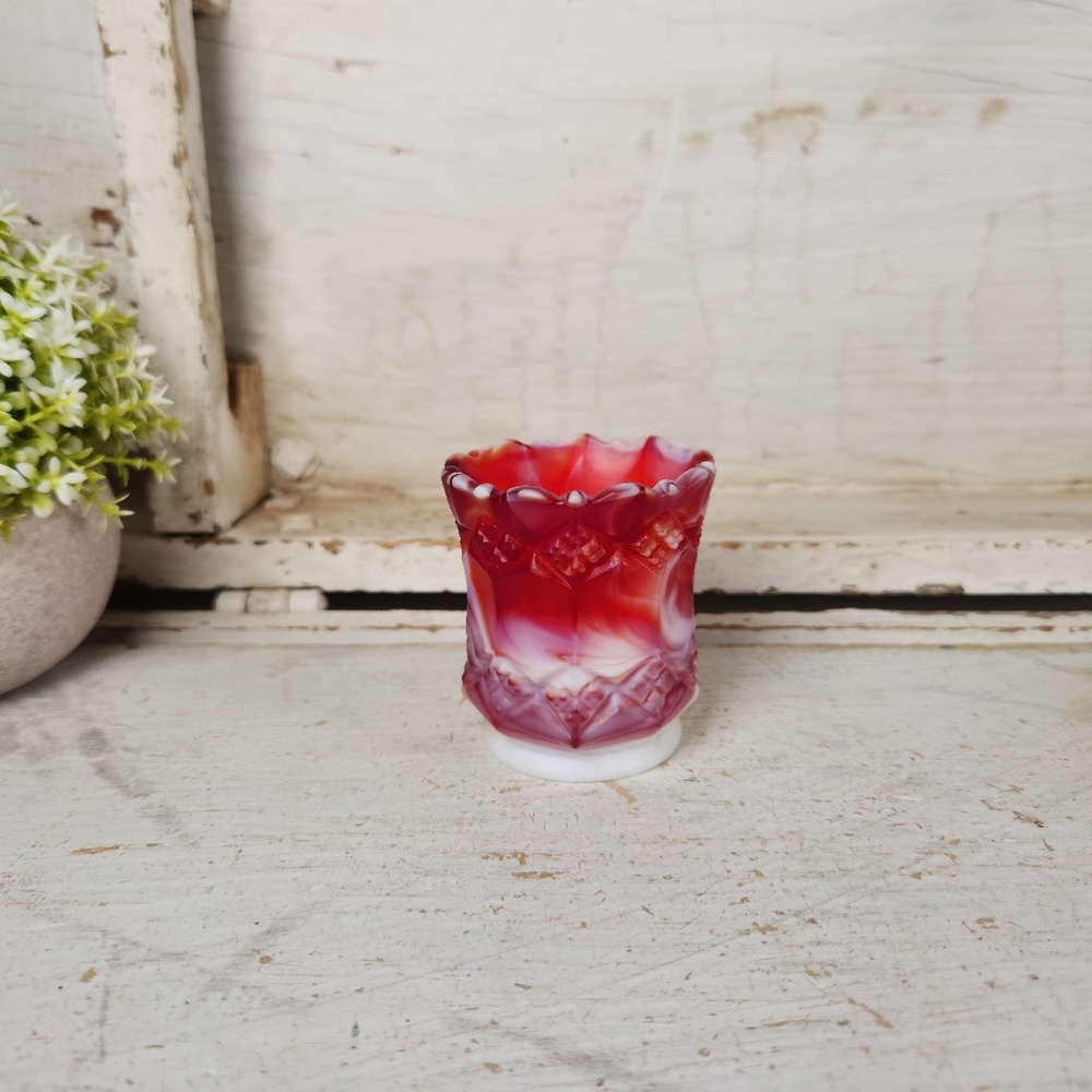 Antique Red & White Imperial Slag Glass Toothpick Holder- Art Deco- Regency